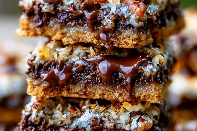 Delicious Hello Dolly Magic Cookie Bars stacked on a plate with chocolate and coconut layers.