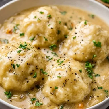 Delicious homemade chicken and dumplings served in a bowl.