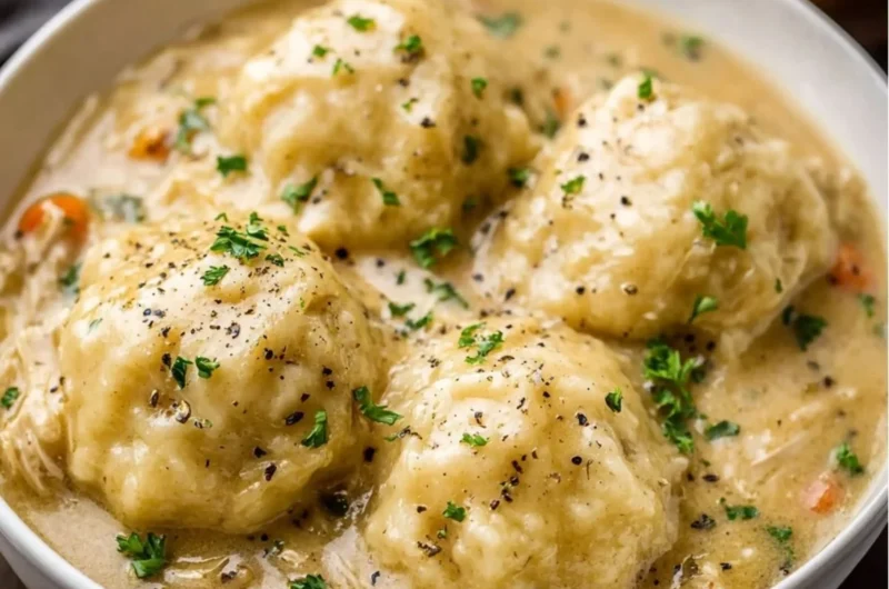 Delicious homemade chicken and dumplings served in a bowl.