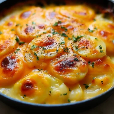 Delicious homemade scalloped potatoes baked to perfection with cheese and cream.