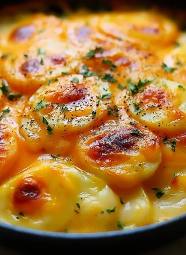 Delicious homemade scalloped potatoes baked to perfection with cheese and cream.