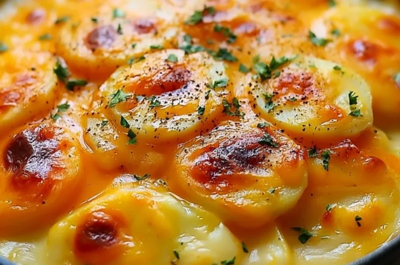 Delicious homemade scalloped potatoes baked to perfection with cheese and cream.