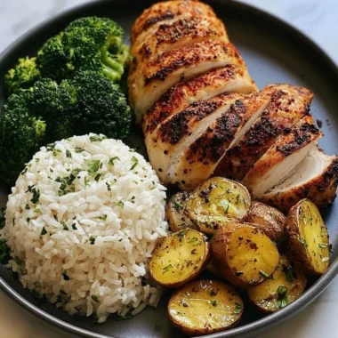 Juicy Chicken served with roasted potatoes and broccoli on a plate.
