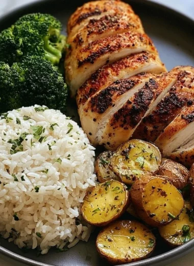 Juicy Chicken served with roasted potatoes and broccoli on a plate.