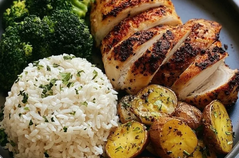 Juicy Chicken served with roasted potatoes and broccoli on a plate.