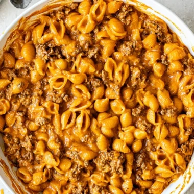 Homemade Hamburger Helper with pasta and ground beef in a cheesy sauce.