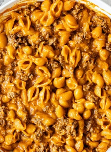 Homemade Hamburger Helper with pasta and ground beef in a cheesy sauce.
