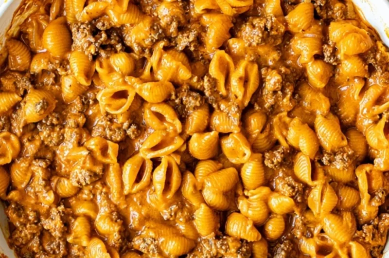 Homemade Hamburger Helper with pasta and ground beef in a cheesy sauce.