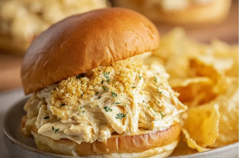 Delicious Ohio shredded chicken sandwich served with sauce and toppings