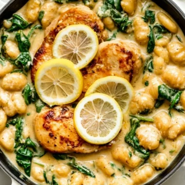 One pan gnocchi with chicken and spinach dish prepared and served