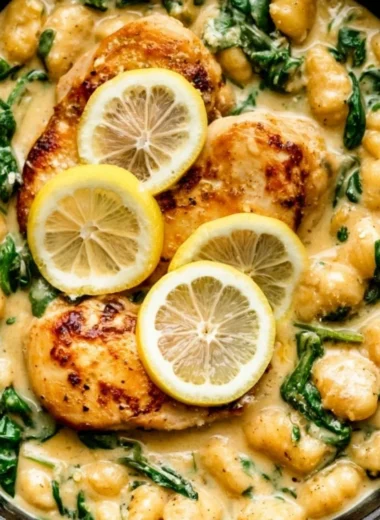 One pan gnocchi with chicken and spinach dish prepared and served