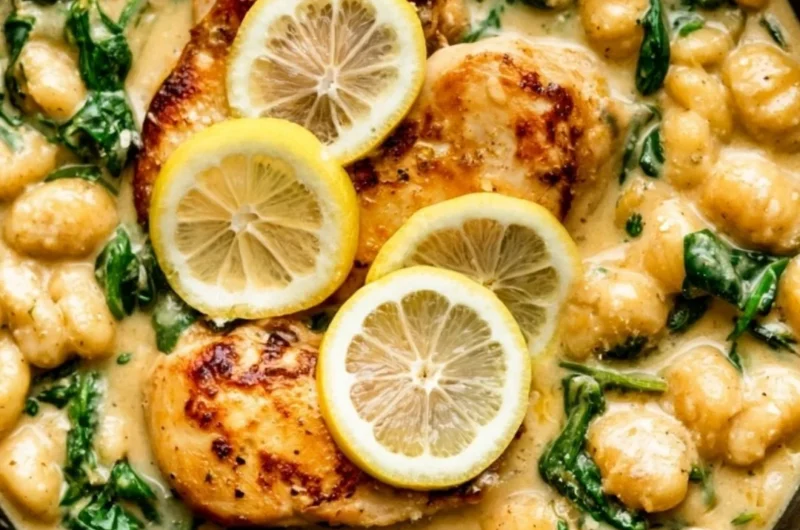 One pan gnocchi with chicken and spinach dish prepared and served