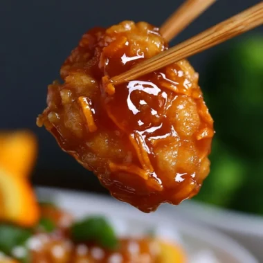 Plate of crispy orange chicken garnished with green onions and sesame seeds