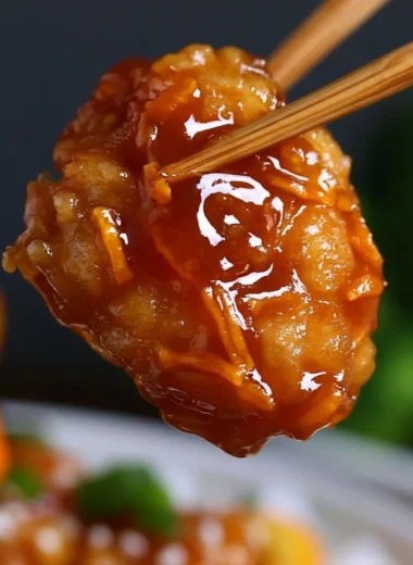 Plate of crispy orange chicken garnished with green onions and sesame seeds