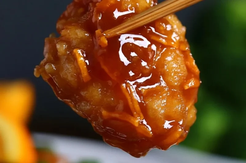 Plate of crispy orange chicken garnished with green onions and sesame seeds