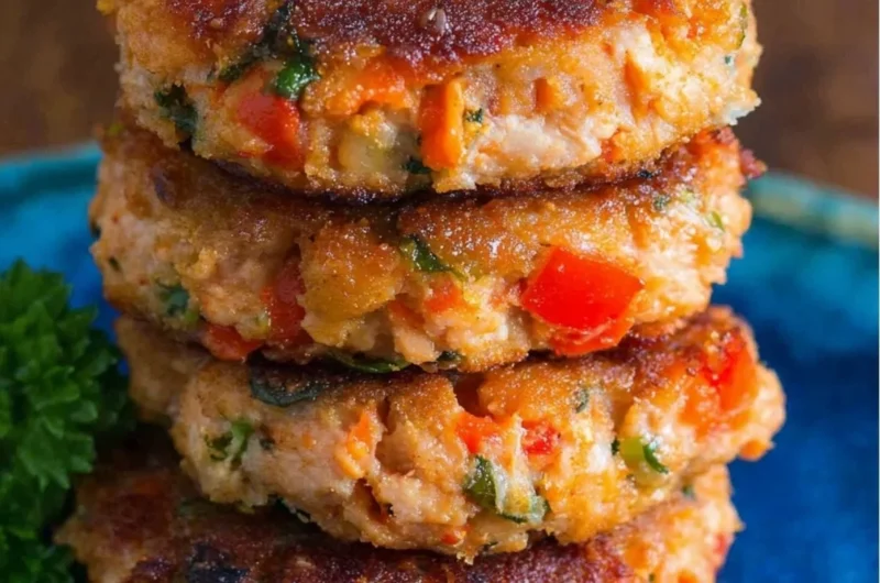 Delicious homemade salmon patties served with fresh garnish.