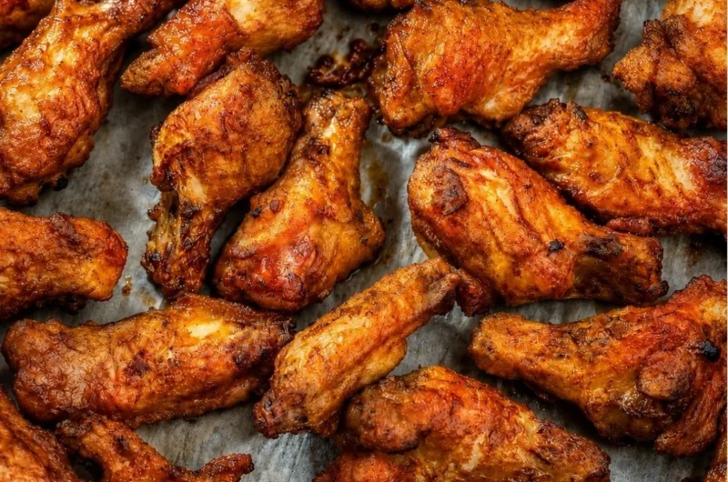 Delicious smoked chicken wings on a platter garnished with herbs.