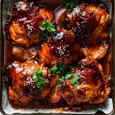 Baked sticky honey soy chicken on a plate garnished with sesame seeds and green onions.