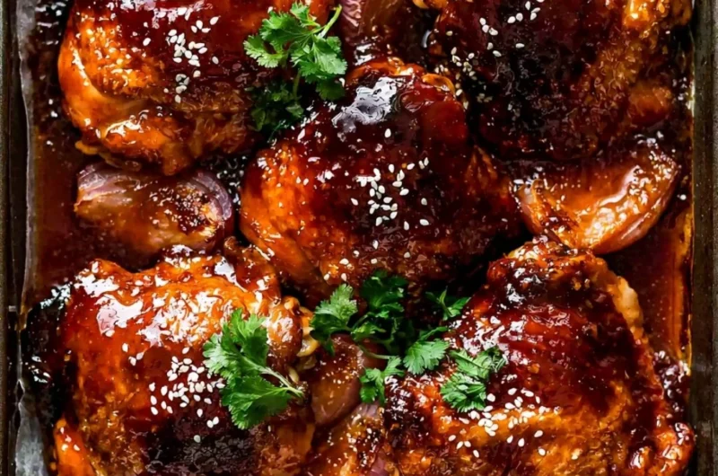 Baked sticky honey soy chicken on a plate garnished with sesame seeds and green onions.