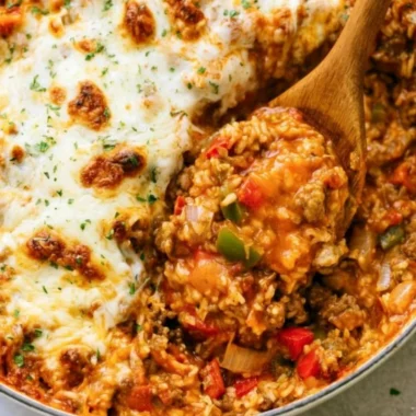 Delicious stuffed pepper casserole served in a baking dish.