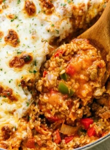 Delicious stuffed pepper casserole served in a baking dish.