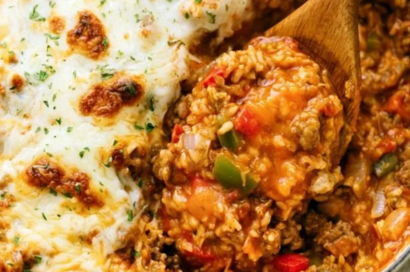 Delicious stuffed pepper casserole served in a baking dish.