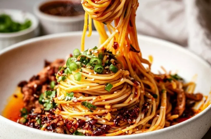 A plate of spicy Szechuan Noodles garnished with scallions and peanuts.