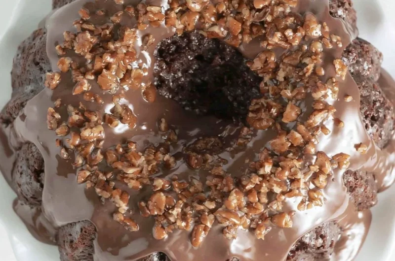 Delicious Texas Sheet Cake Bundt Cake topped with chocolate icing