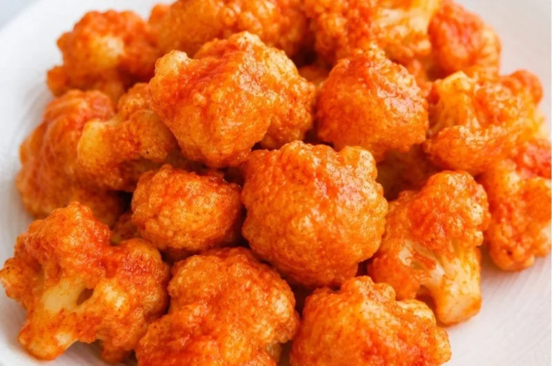 Plate of vegan cauliflower nuggets served with dipping sauce