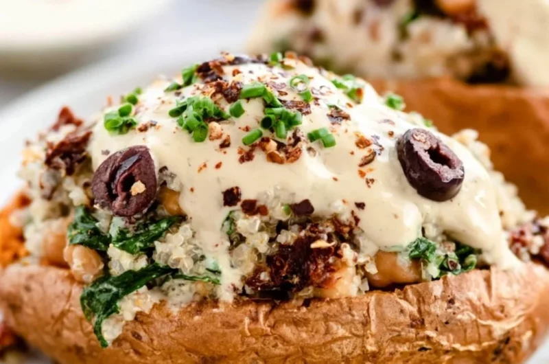 Vegan stuffed sweet potatoes filled with nutritious ingredients for a healthy meal.