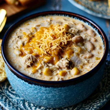 Bowl of creamy white chili topped with fresh herbs and ingredients.