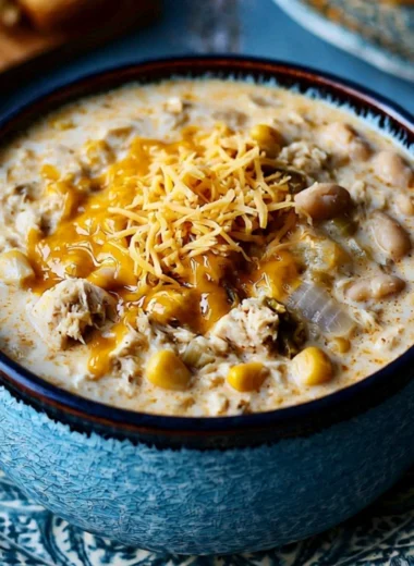 Bowl of creamy white chili topped with fresh herbs and ingredients.