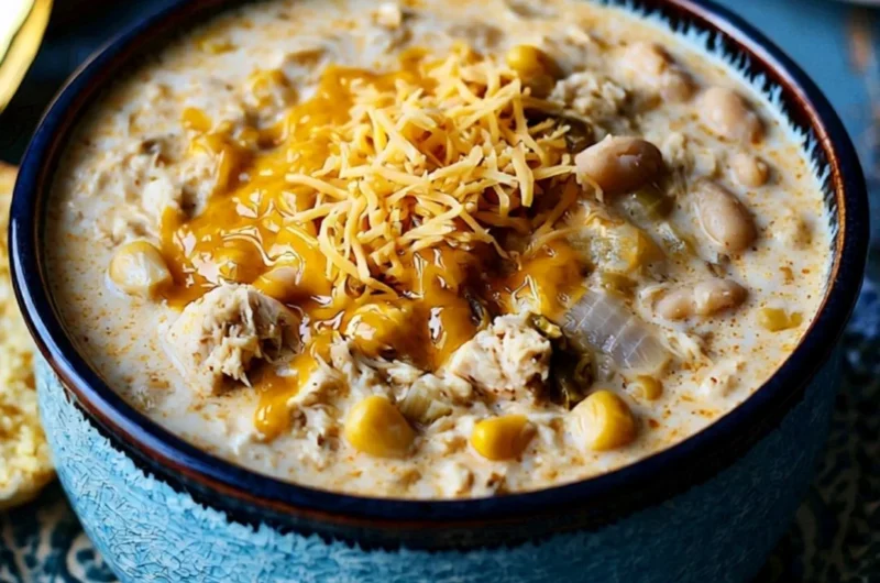 Bowl of creamy white chili topped with fresh herbs and ingredients.