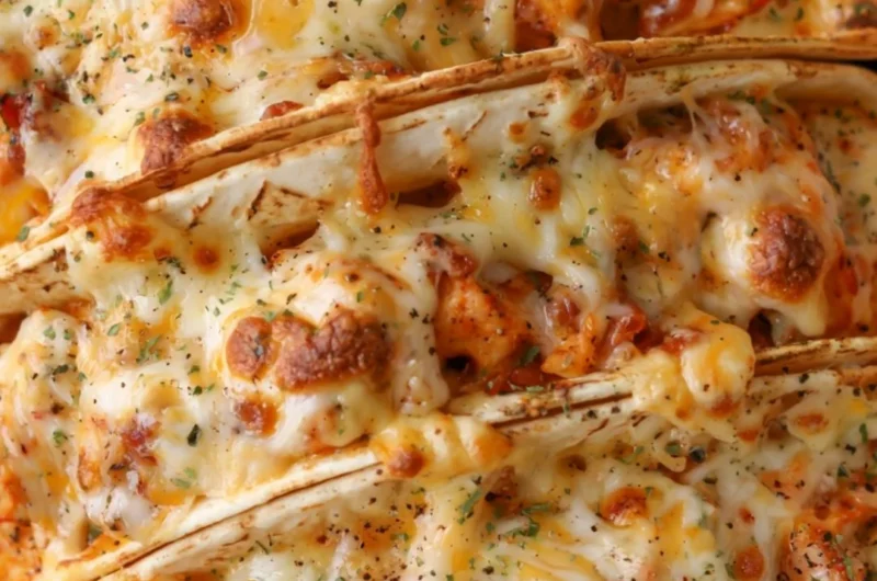 Baked chicken tacos with bacon and ranch dressing in a crispy shell