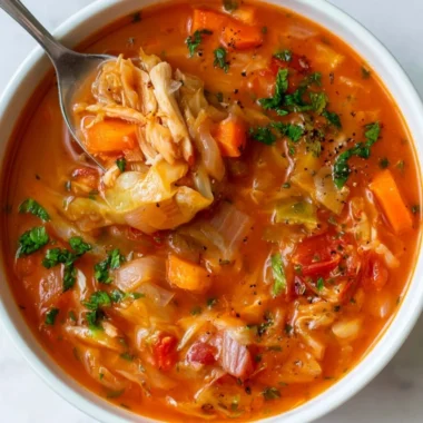 Delicious bowl of best cabbage soup topped with herbs and spices