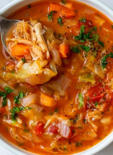Delicious bowl of best cabbage soup topped with herbs and spices