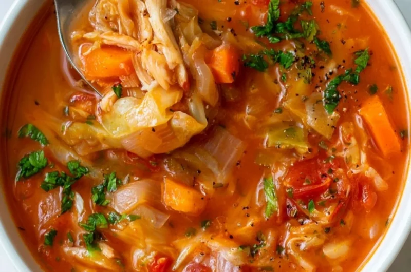 Delicious bowl of best cabbage soup topped with herbs and spices