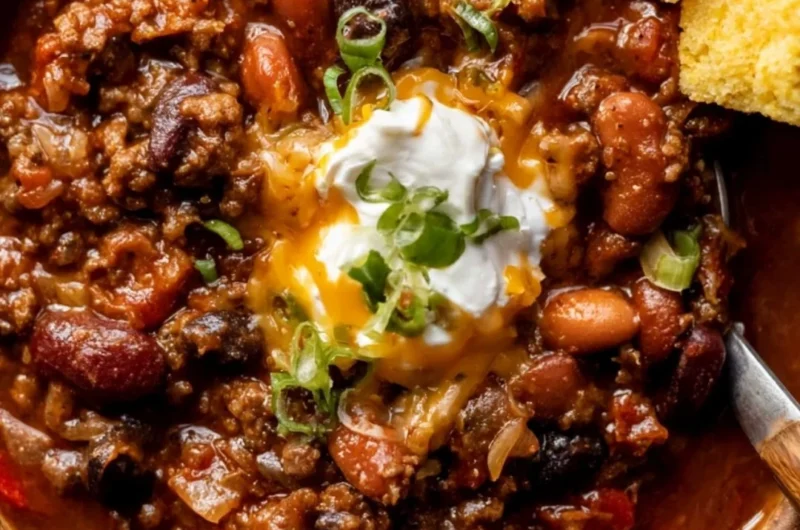 Bowl of delicious chili topped with cheese and herbs