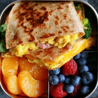 Delicious breakfast quesadilla filled with cheese, eggs, and veggies.