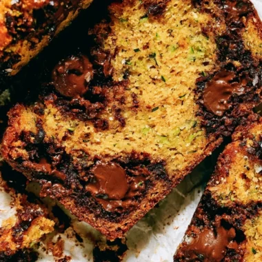 Freshly baked chocolate chip zucchini bread with chocolate chips on top