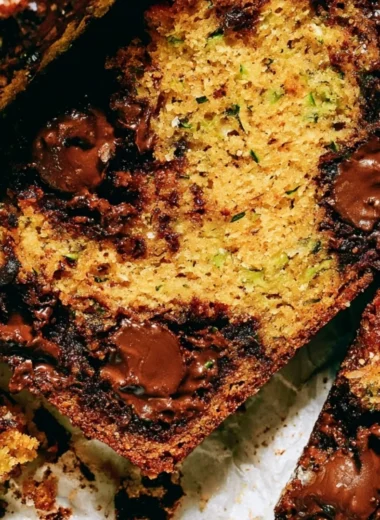 Freshly baked chocolate chip zucchini bread with chocolate chips on top