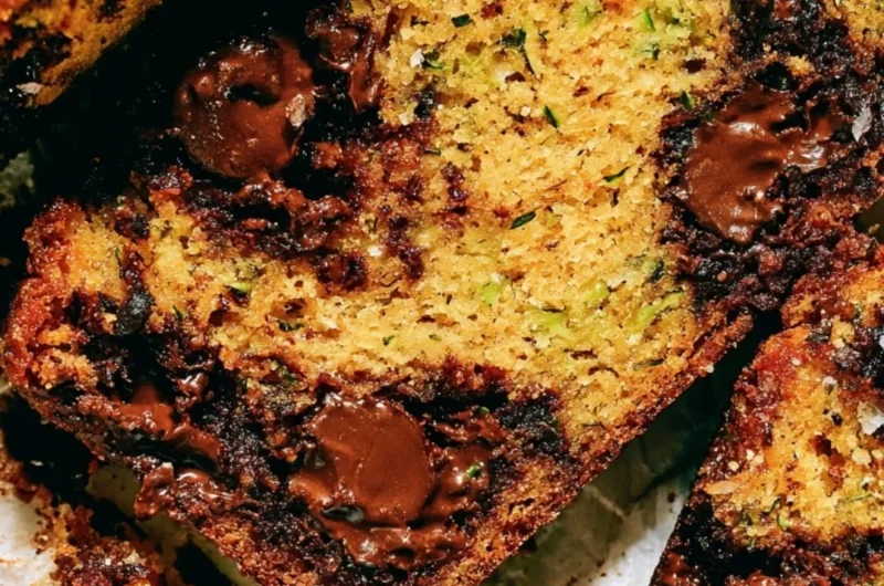 Freshly baked chocolate chip zucchini bread with chocolate chips on top