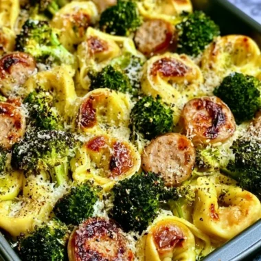 Sheet pan broccoli tortellini bake with vibrant vegetables and cheese