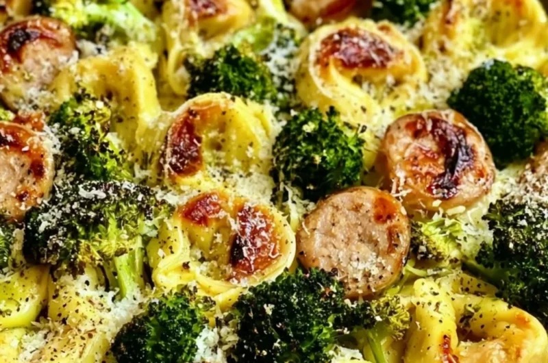 Sheet pan broccoli tortellini bake with vibrant vegetables and cheese