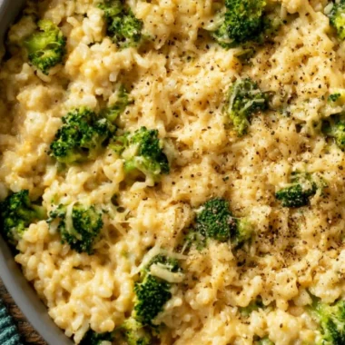 Bowl of easy broccoli cheese rice with melted cheese and broccoli florets