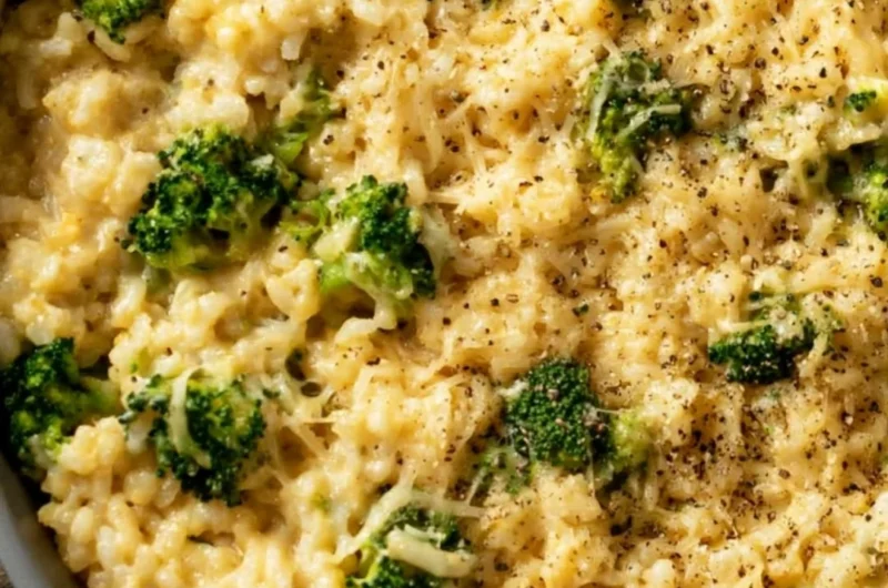 Bowl of easy broccoli cheese rice with melted cheese and broccoli florets