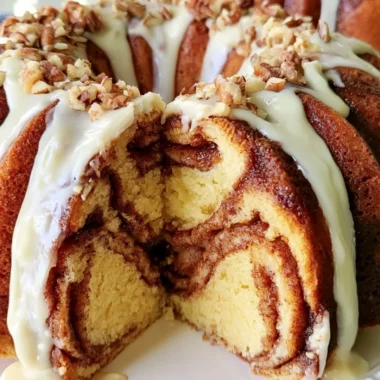 Delicious Easy Cinnamon Roll Bundt Cake on a serving plate