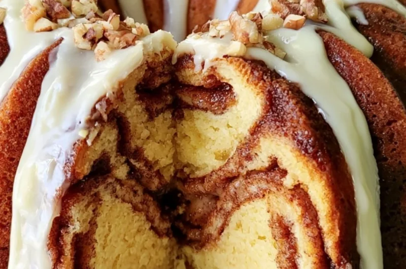 Delicious Easy Cinnamon Roll Bundt Cake on a serving plate