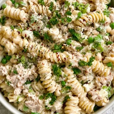 Bowl of easy tuna pasta salad with colorful vegetables and pasta