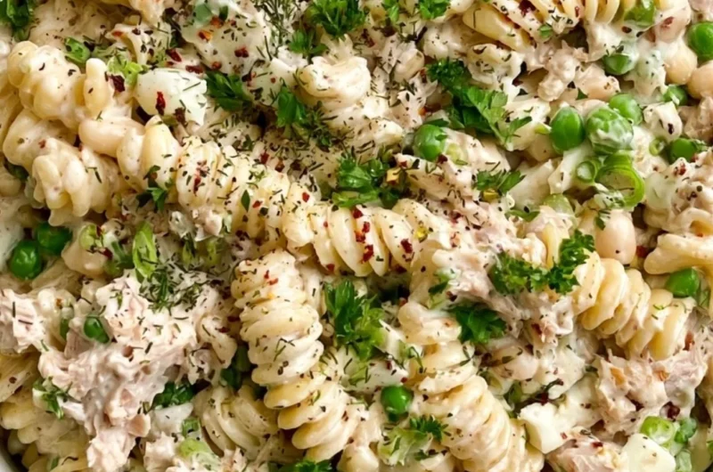 Bowl of easy tuna pasta salad with colorful vegetables and pasta